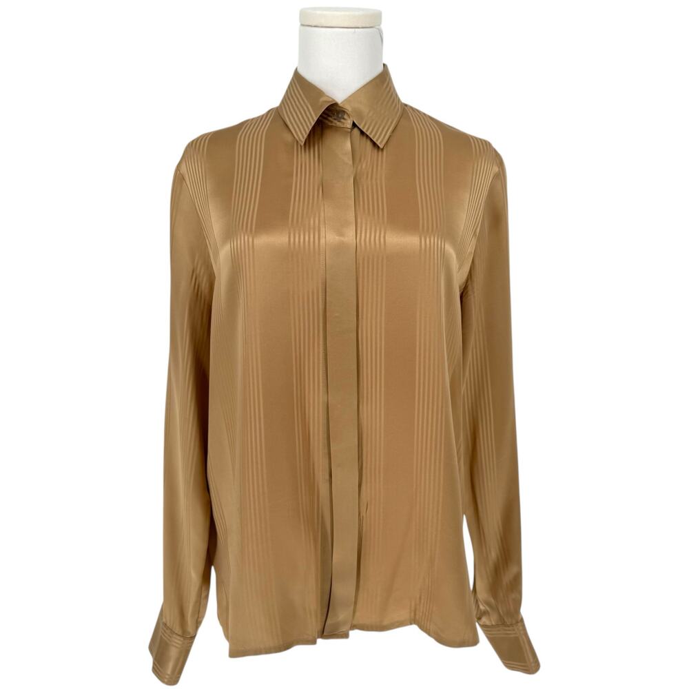 Vintage 1990s Rena Rowan Silk Vertical Stripe Button-Up Shirt Sz 10 Minimalist